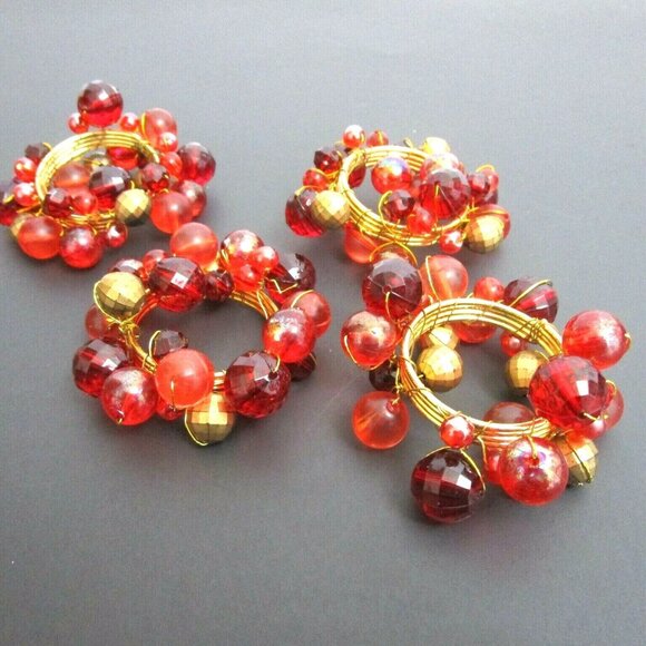 Napkin Rings SET of 4 Red and Gold Beads Gold Metal Ring 3" Wide NEW - Picture 3 of 5